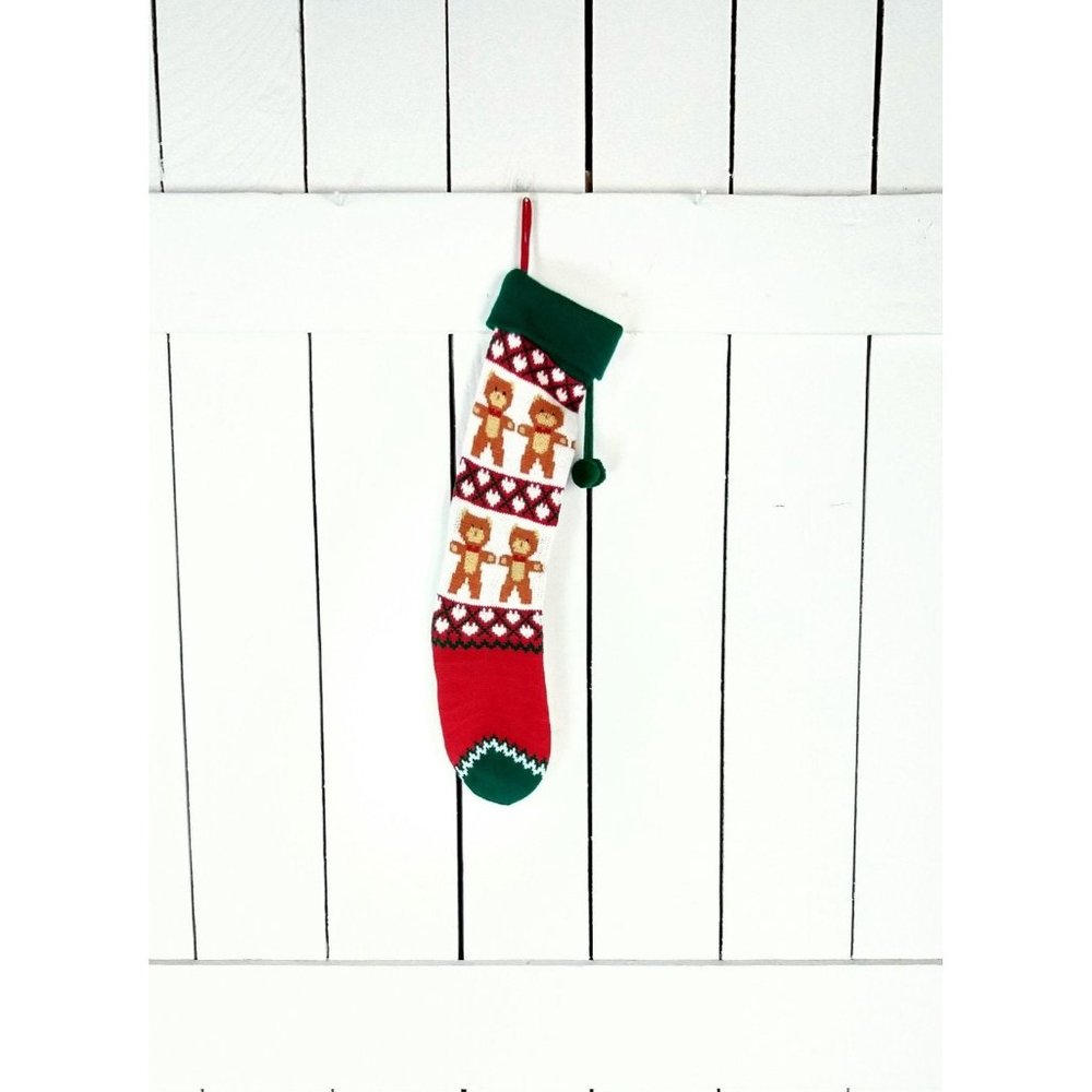 Vintage woven knit Christmas teddy bear stocking
